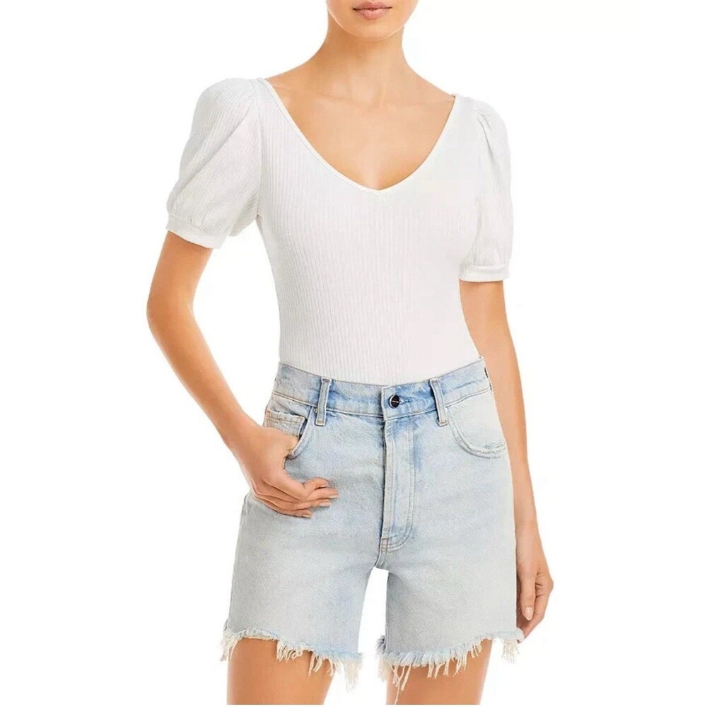 NWT Aqua White Puff Sleeve, Ribbed V-Neck Bodysuit Size XL